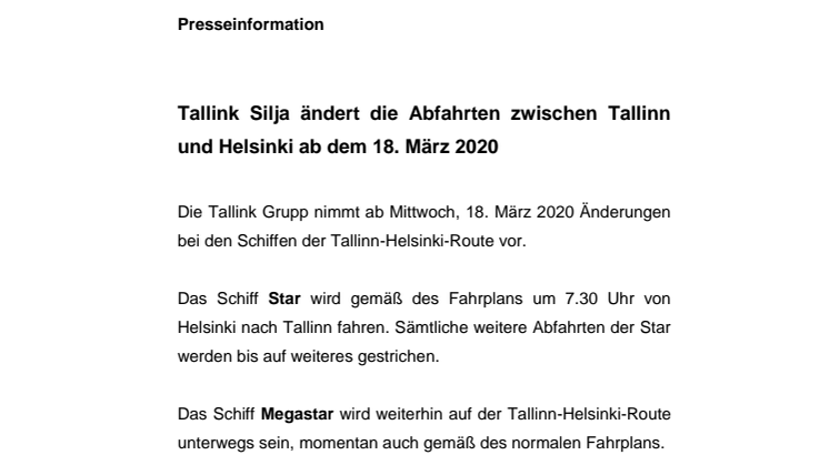Tallink Silja ändert die Abfahrten zwischen Tallinn und Helsinki ab dem 18. März 2020