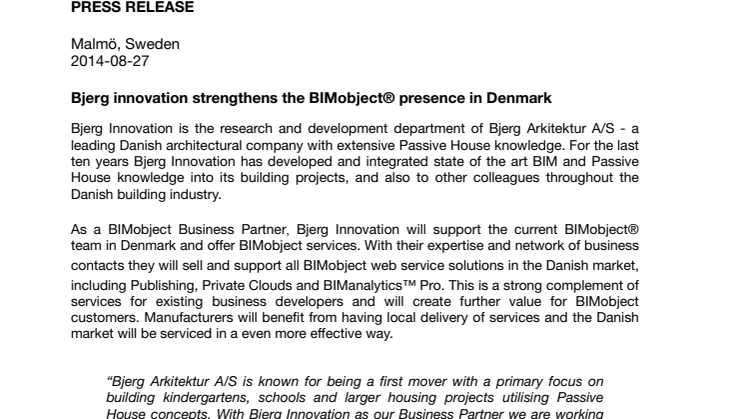 Bjerg innovation strengthens the BIMobject® presence in Denmark