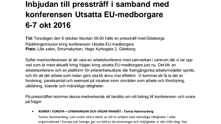 Inbjudan till pressträff i samband med konferensen Utsatta EU-medborgare,  6-7 okt 2016 