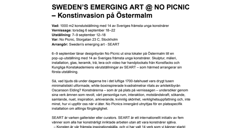 SWEDEN’S EMERGING ART @ NO PICNIC Konstinvasion på Östermalm 2012