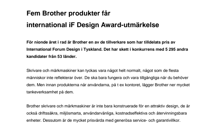 Fem Brother produkter får international iF Design Award utmärkelse 