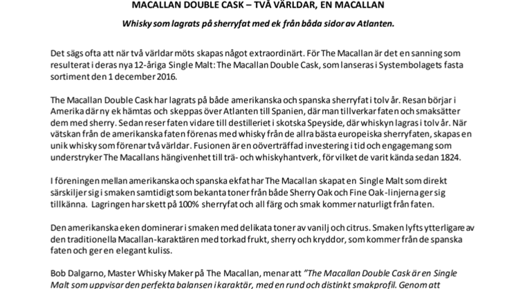 MACALLAN DOUBLE CASK – TVÅ VÄRLDAR, EN MACALLAN