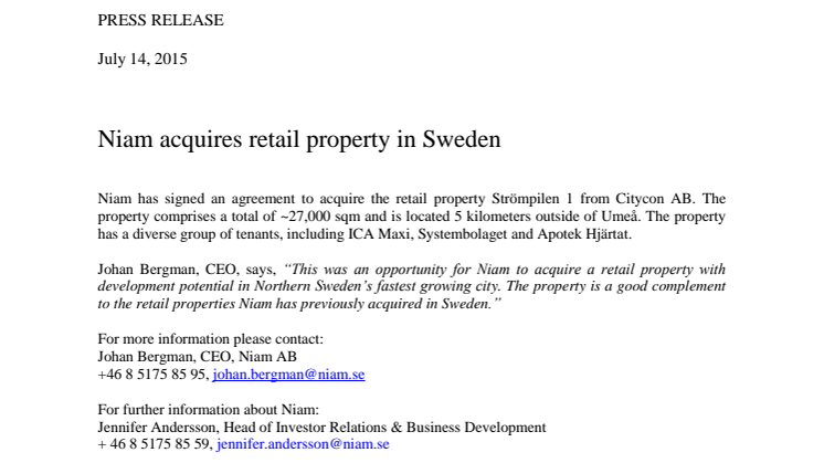 Niam acquires retail property in Sweden