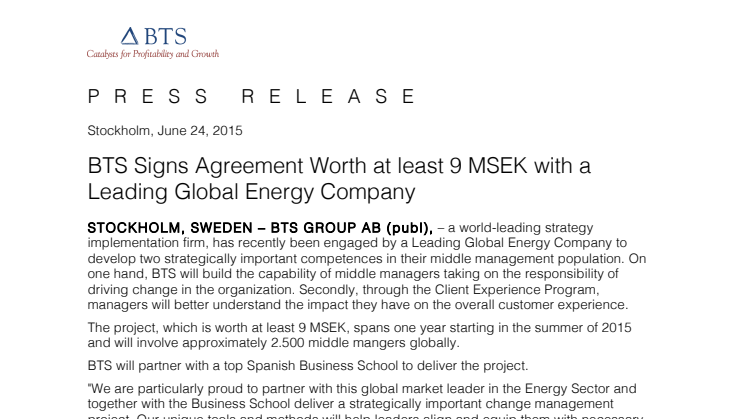 BTS Signs Agreement Worth at least 9 MSEK with a Leading Global Energy Company