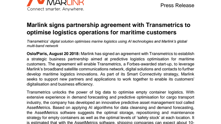 Marlink signs partnership agreement with Transmetrics to optimise logistics operations for maritime customers