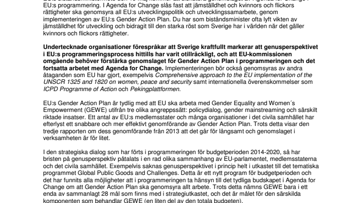 Brev till biståndsminister Hillevi Engström inför FAC - från Jämställdhetsarbetsgruppen 