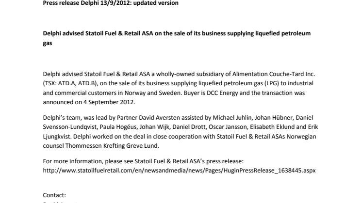 Delphi advised Statoil Fuel & Retail ASA on the sale of its business supplying liquefied petroleum gas