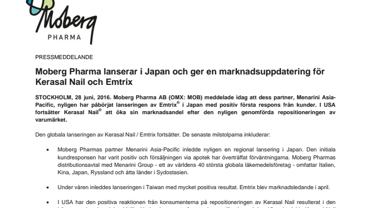 Moberg Pharma lanserar i Japan och ger en marknadsuppdatering för Kerasal Nail och Emtrix