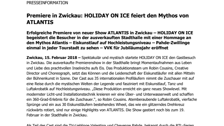 Premiere in Zwickau: HOLIDAY ON ICE feiert den Mythos von ATLANTIS