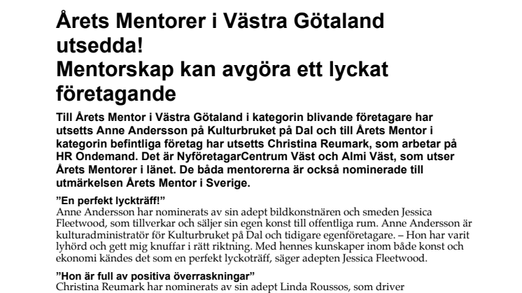 Årets Mentorer i Västra Götaland utsedda! Mentorskap kan avgöra ett lyckat företagande