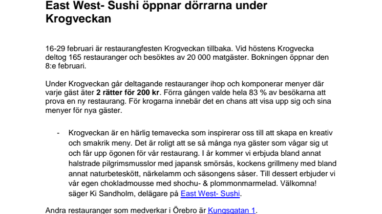 East West- Sushi i Örebro öppnar dörrarna under Krogveckan