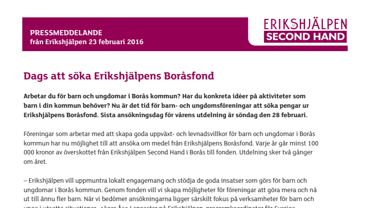 Dags att söka Erikshjälpens Boråsfond