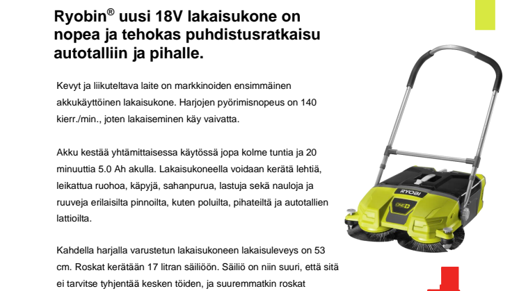 Ryobin® uusi 18V lakaisukone on nopea ja tehokas puhdistusratkaisu autotalliin ja pihalle