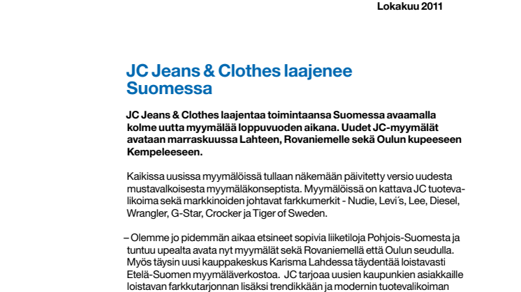 JC Jeans & Clothes laajenee Suomessa