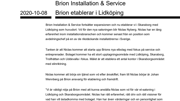 Brion Installation & Service Brion etablerar i Lidköping