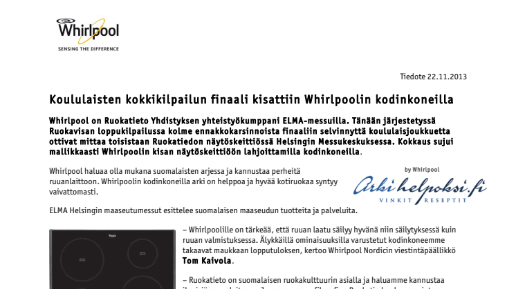 Koululaisten kokkikilpailun finaali kisattiin Whirlpoolin kodinkoneilla 