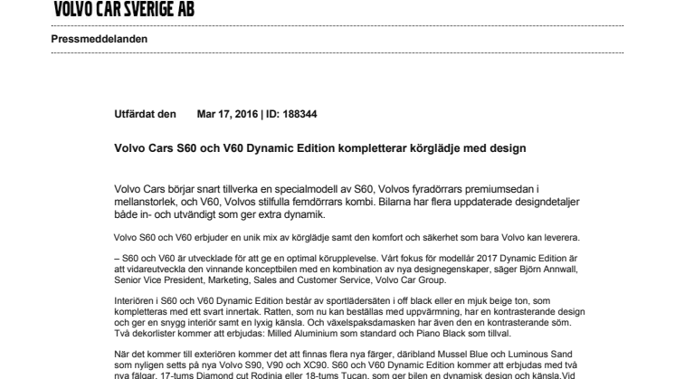 Volvo Cars S60 och V60 Dynamic Edition kompletterar körglädje med design