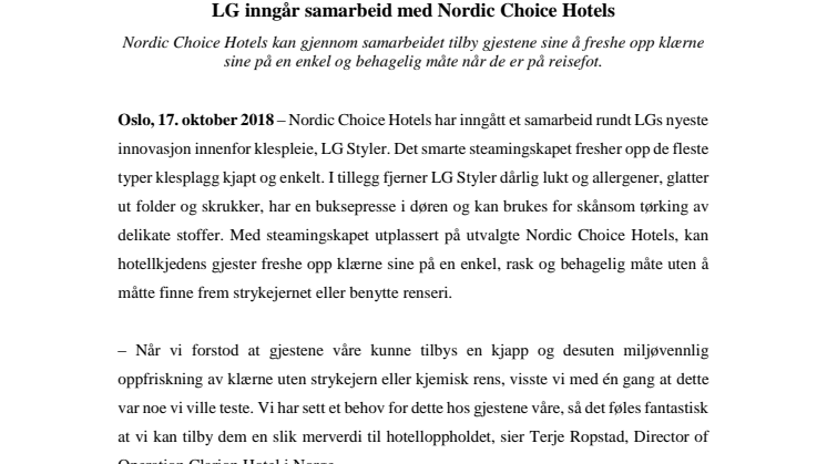 LG inngår samarbeid med Nordic Choice Hotels