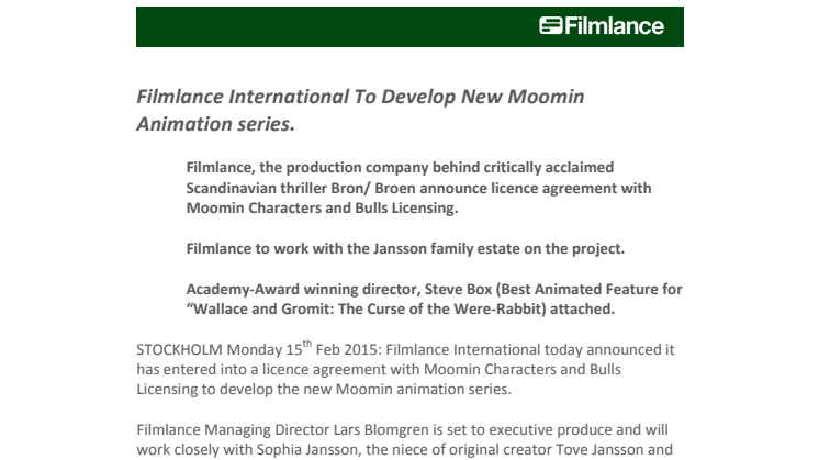 Filmlance International To Develop New Moomin Animation series. 