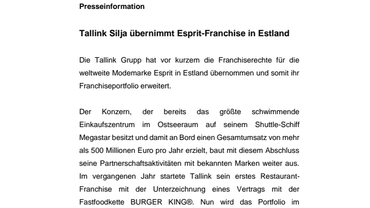 Tallink Silja übernimmt Esprit-Franchise in Estland 