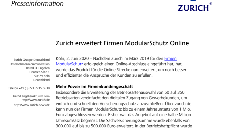 Zurich erweitert Firmen ModularSchutz Online