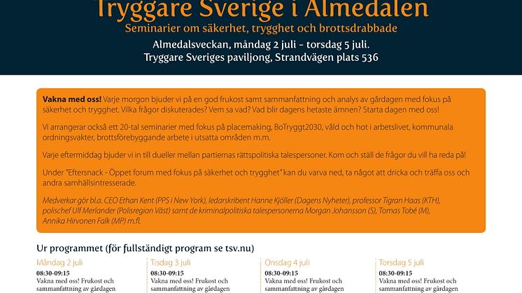 Tryggare Sverige i Almedalen 2018 - inbjudan till seminarier, fotboll och mingel