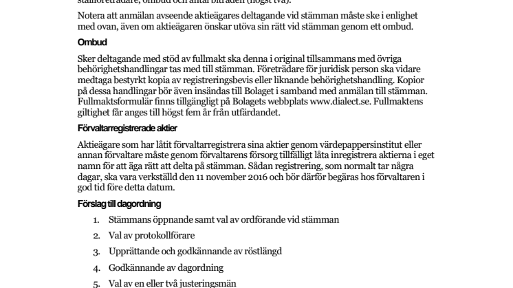 Kallelse till extra bolagsstämma i Dialect AB (publ) - november 2016