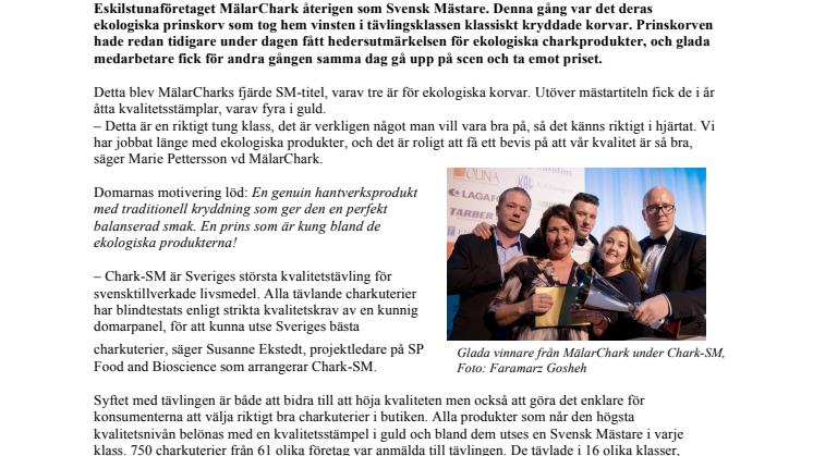 Sveriges bästa charkprodukter korade i Chark-SM 2016: MälarChark från Eskilstuna blev Svensk Mästare med sin ekologiska prinskorv