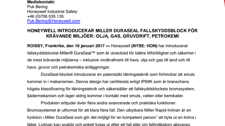 Honeywell introducerar miller DuraSeal fallskyddsblock för krävande miljöer: olja, gas, gruvdrift, petrokemi