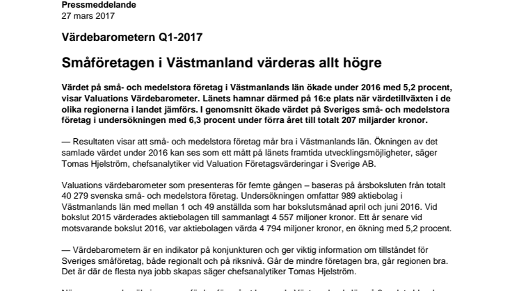 Värdebarometern Q1-2017 Västmanlands Län