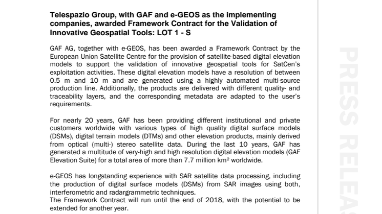 ​Telespazio Group, with GAF and e-GEOS as the implementing companies, awarded Framework Contract for the Validation of Innovative Geospatial Tools: LOT 1 - S