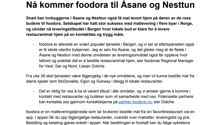 Nå kommer foodora til Åsane og Nesttun