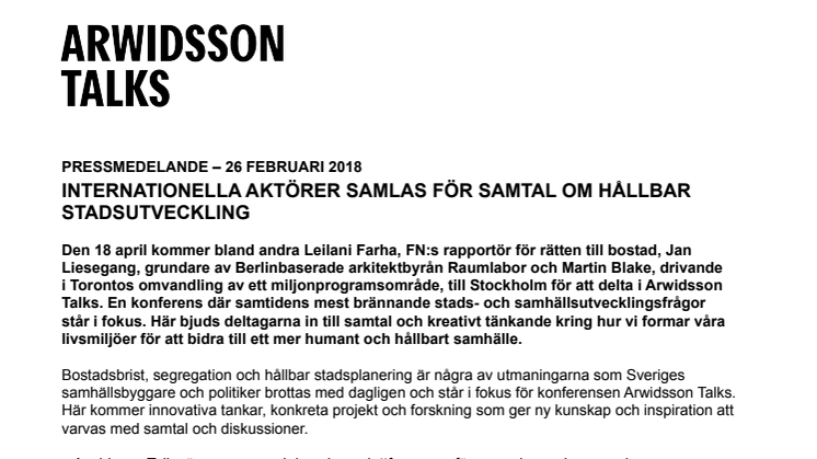 Arwidsson Talks 2018 – Pressmeddelande