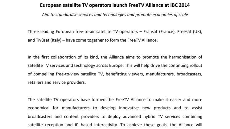 European satellite TV operators launch FreeTV Alliance at IBC 2014