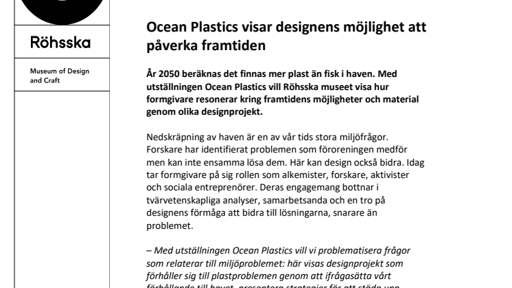 Inbjudan: Pressvisning Ocean Plastics, Röhsska museet, fredag 14 juni 11.00