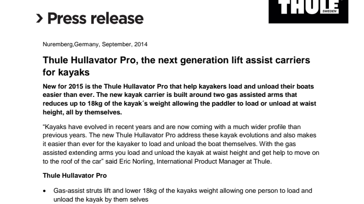 Thule Hullavator Pro, the next generation lift assist carriers for kayaks