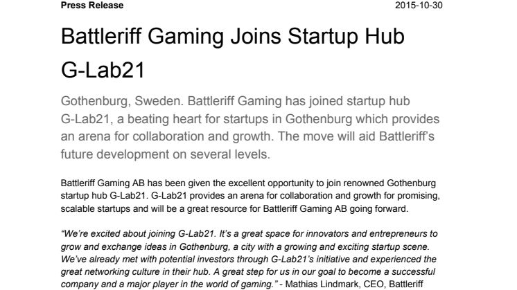 Battleriff Gaming Joins Startup Hub G-Lab21