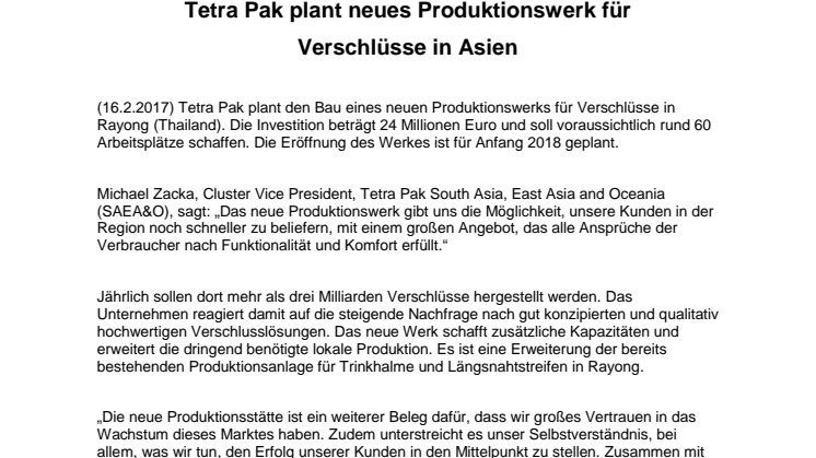 Tetra Pak plant neues Produktionswerk für Verschlüsse in Asien