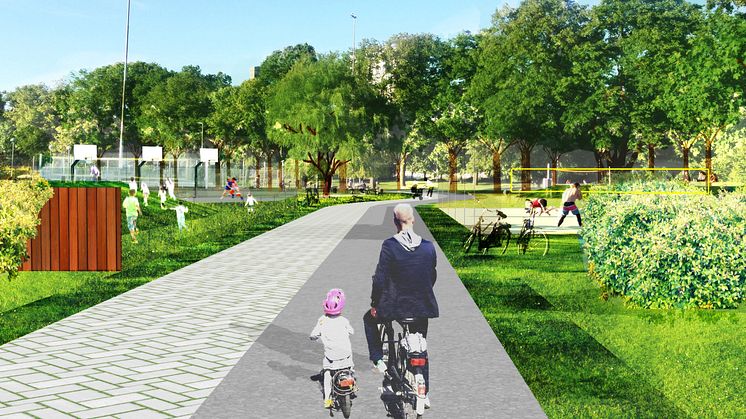 Visionsbild som visar hur den framtida gång- och cykelvägen kan se ut. Illustration: Aron Wetterlund