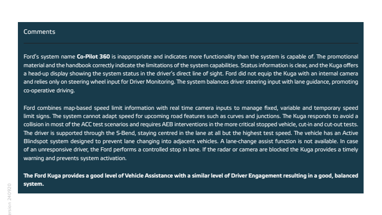 Ford Kuga Euro NCAP Assisted Driving Grading datasheet