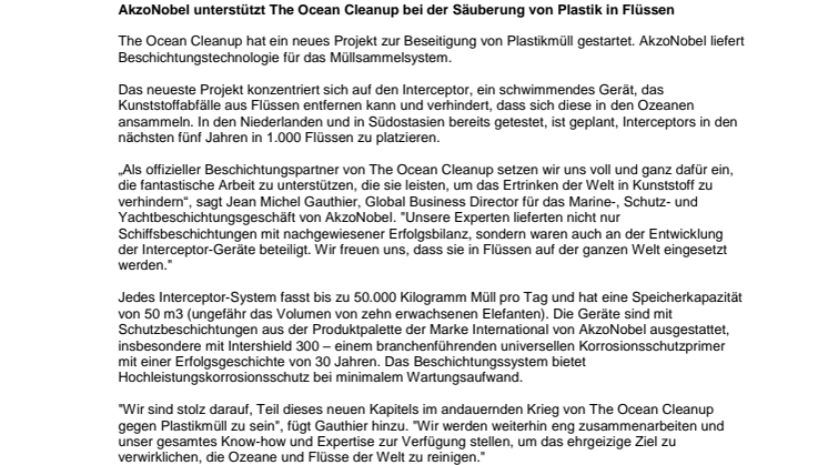 AkzoNobel unterstützt The Ocean Cleanup bei der Säuberung von Plastik in Flüssen
