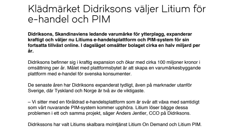 Klädmärket Didriksons väljer Litium för e-handel och PIM