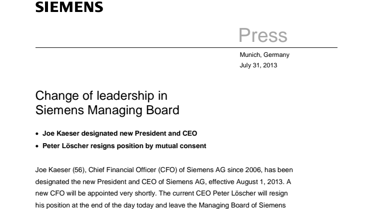 Joe Kaeser blir ny CEO i Siemens AG