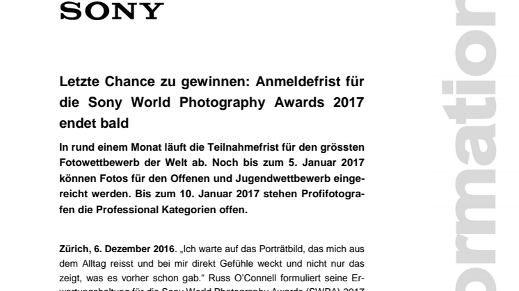 ​Letzte Chance zu gewinnen: Anmeldefrist für die Sony World Photography Awards 2017 endet bald