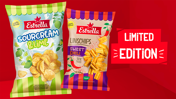 Estrellas sommarsnacks 2023: potatischipset Sourcream & Lime och Linschips Sweet Chili