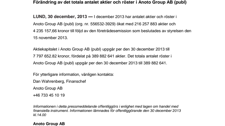 Förändring av det totala antalet aktier och röster i Anoto Group AB (publ)