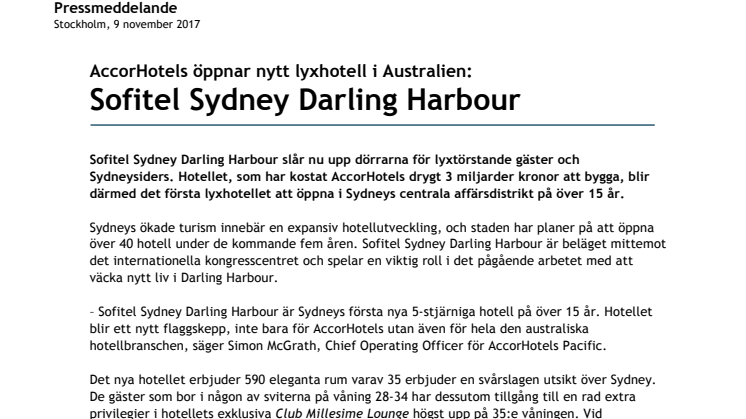​AccorHotels öppnar nytt lyxhotell i Australien: Sofitel Sydney Darling Harbour