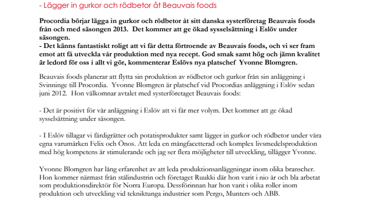 Procordia ökar volymerna i Eslöv - Lägger in gurkor och rödbetor åt Beauvais foods