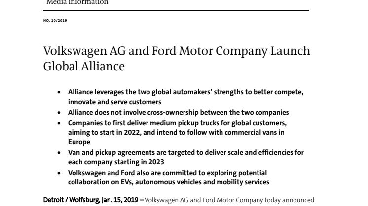 Volkswagen AG och Ford Motor Company ingår en global allians