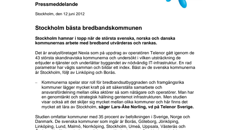 Stockholm utsedd till bästa bredbandskommun